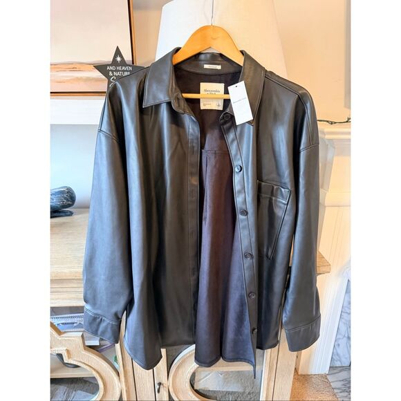 NWT Abercrombie & Fitch Oversized Vegan Leather Shirt Jacket Size Large - Picture 2 of 7